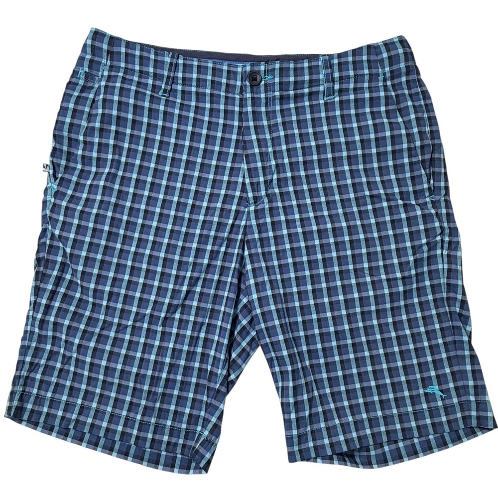 Tommy Bahama Mens 32 Blue Plaid Performance Stretch Flat Front Shorts Golf Beach